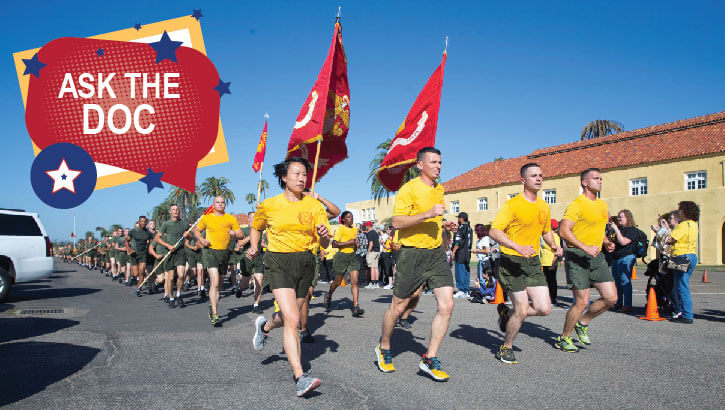 Image of Marine Corps recruits run in formation. Click to open a larger version of the image.