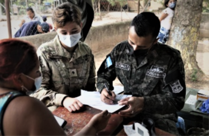 Military personnel working together during a global health engagement