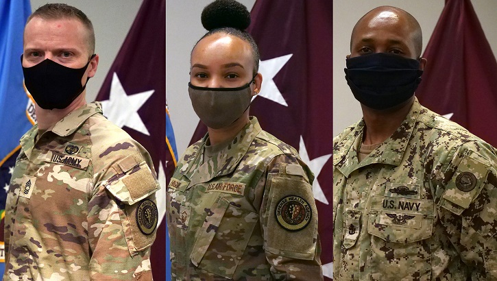 Image of Service members from the Army, Air Force and Navy display the new Defense Health Agency patch following a reflagging and repatching ceremony at Defense Health Agency Headquarters in Falls Church. Click to open a larger version of the image.
