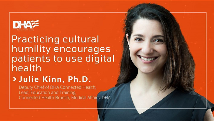 Image of Picture of a women smiling with the words "Practicing cultural humanity encourages patients to use digital health" .