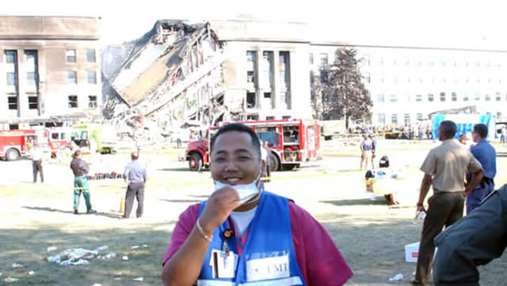 "Merwynn Pagdanganan, a federal health care IT specialist at the Pentagon, was there the morning of Sept. 11, 2001. He jumped into action to support the emergency responders aiding and evacuating the injured (Courtesy of Merwynn Pagdanganan)."