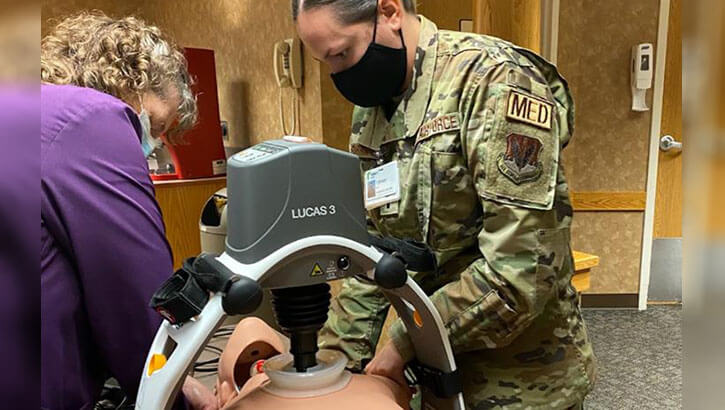 Image of In 2020, Air Force 1st Lt. Tiffany Parra, an ICU nurse at the 633rd Medical Group, on Joint Base Langley-Eustis, Virginia, was deployed to a North Dakota hospital to support a FEMA COVID-19 mission. In the photo, she trains on equipment used for critical patients in a North Dakota ICU. (Photo: Courtesy of Air Force 1st Lt. Tiffany Parra). Click to open a larger version of the image.