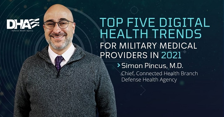 Image of Dr. Pincus with text "Top Five Digital Health Trends for Military Medical Providers in 2021". Click to open a larger version of the image.