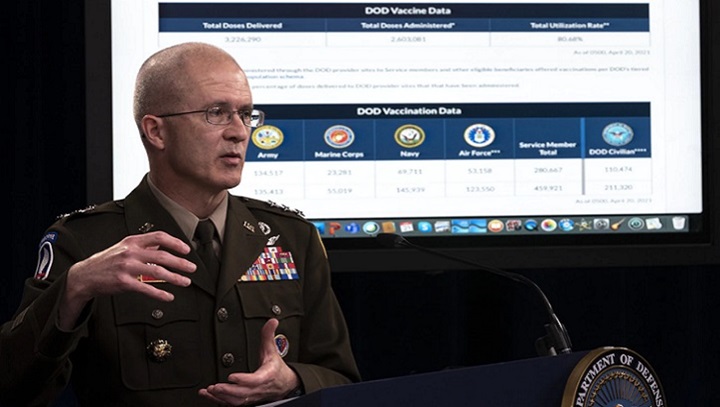 Image of Army Lt. Gen. Ronald J. Place, director of Defense Health Agency, delivers remarks at a media briefing on COVID-19 at the Pentagon, April 21, 2021.