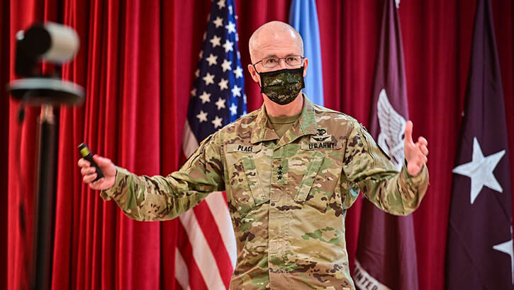 The Director of the Defense Health Agency, Lt. Gen. (Dr.) Ronald Place recently released his professional reading list containing books related to strategy, economics, innovation and more. He’s pictured here during a recent town hall meeting with staff. (Photo: Sgt. 1st Class Caleb Barrieau)