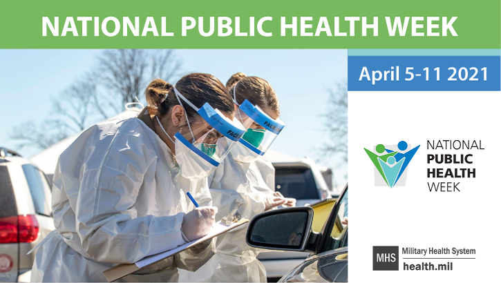 Image of Infographic featuring health personnel wearing face shields and mask with "National Public Health Week" across the top of the picture. Click to open a larger version of the image.
