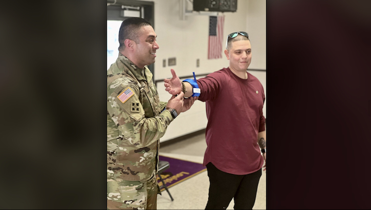Sgt. 1st Class John Martinez and Staff Sgt. Andres Perez from Bayne-Jones Army Community Hospital conducted stop the bleed training and shared information about their military careers Feb. 23, during the 4-H Victory Challenge Camp in Anacoco, Louisiana.