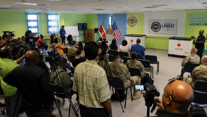 U.S. Air Force Col. Robert Noll, troop commander, provides remarks during an opening ceremony for the Lesser Antilles Medical Assistance Team in Paramaribo in Suriname on Feb. 19, 2024.  (Photo by U.S. Air Force Tech. Sgt. Rachel Maxwell)