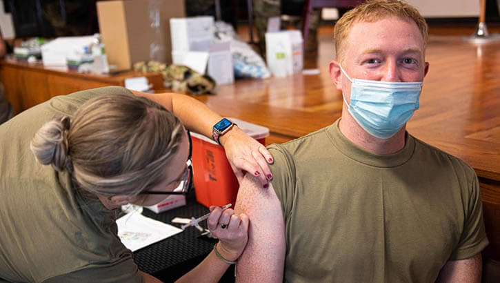 Image of Airmen of the 139th Airlift Wing, Missouri Air National Guard, receive COVID-19 immunizations as a part of the federal mandate at Rosecrans Air National Guard Base, St. Joseph, Missouri, Oct. 2, 2021. The 139th Medical Group oversees the operation. .