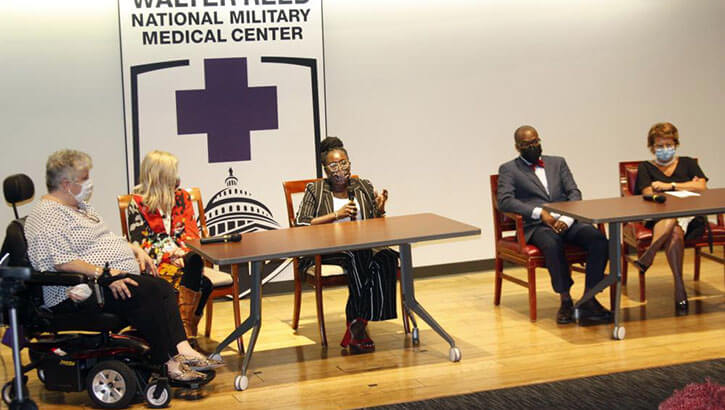 A panel including physicians, a clinical social worker, a sickle cell patient and an administrator discusses sickle cell advances, transitions and disparities during the 2021 Childhood Blood and Cancer Summit hosted by the John P. Murtha Cancer Center at Walter Reed Bethesda Sept. 23.