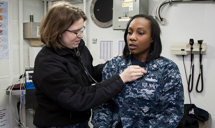 Navy Medicine treats and prevents women’s health issues around the world, including ships at sea, using innovative technology and research. The fleet ensures that its ships are equipped to support basic women’s health needs. While the depth of resources depends on the size and mission of each ship, all are equipped with emergency and routine birth control options, basic testing for sexually transmitted infections, equipment for well-woman exams and sick call examinations, and most importantly a professionally trained medical provider. (U.S. Navy photo)