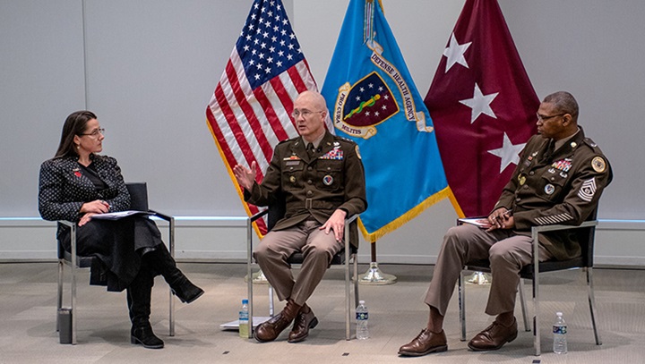 Image of Photo of U.S. Army Lt. Gen. (Dr.) Ronald Place, Christianne Witten, and DHA Senior Enlisted Leader Command Sgt. Maj. Michael Gragg.
