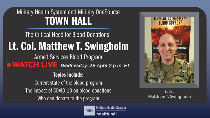 Image of Fourth MHS Town Hall announcement with image of Lt. Col. Matthew T. Swingholm, discussing the Critical Need for Blood Donations, Wednesday, April 28 at 2 p.m. ET.