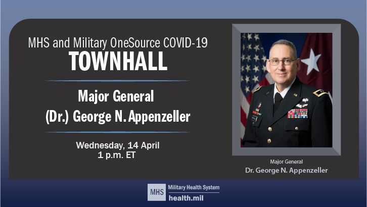 Image of MHS and Military OneSource COVID-19 Townhall, with Major General (Dr.) George N. Appenzeller.  Wednesday, 14 April, 1 PM ET. Click to open a larger version of the image.
