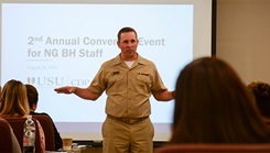 Rear Adm. Matthew Kleiman provides opening remarks at the 2nd Annual SBHP Convening Event for National Guard Behavioral Health Staff in Arlington, Va., on August 28, 2023. (Courtesy photo)