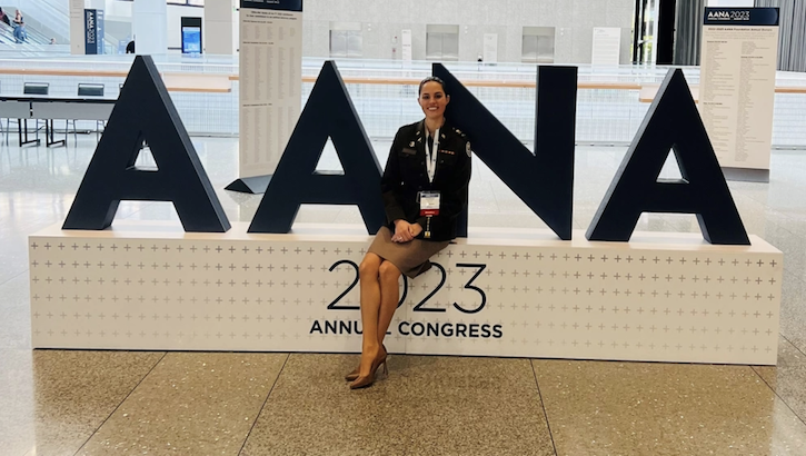 Registered nurse1st Lt. Hannah Melkun who is in her final year in the United States Army Graduate Program in Anesthesia Nursing, posed for a picture during the American Association of Nurse Anesthesiology 2023 Annual Congress held in August.  (Photo: Keisha Frith)