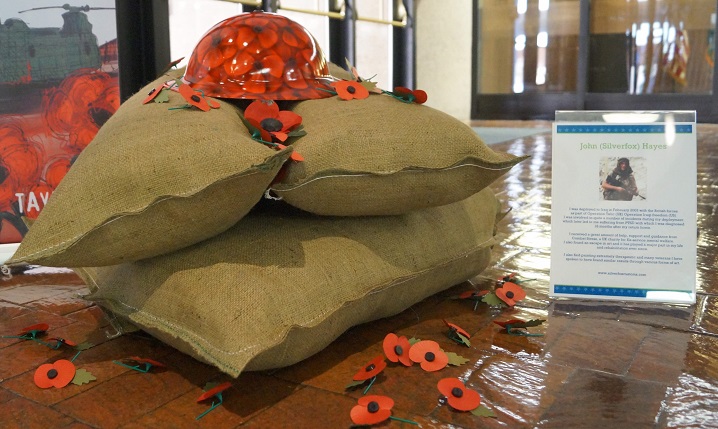 Evoking Canadian physician Maj. John McCrae's famous poem from World War I, "In Flanders Fields," British Army Pvt. John Hayes' display of poppies is inspired by his service in Operation Iraqi Freedom, his diagnosis of PTSD and his experience with the U.K.'s Combat Stress program. Hayes said he's found an escape in art, and it has played a major role in his life and rehabilitation. McCrae wrote "In Flanders Fields" following the Second Battle of Ypres in May 1915 and references the red poppies that grew over the graves of fallen soldiers and later became a symbol of service members who died in combat. (Courtesy photo)
