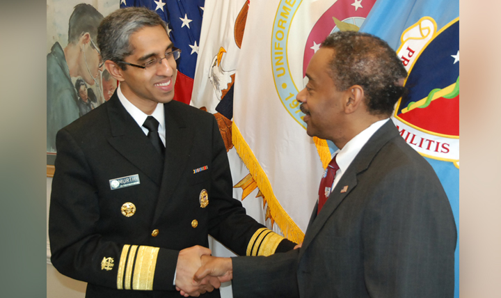 U.S. Surgeon General Vice Admiral Vivek H. Murthy meets with Dr. Jonathan Woodson, assistant secretary of Defense for Health Affairs, at the Pentagon on March 11, 2015, to discuss the Military Health System's critical role in support of the National Health Strategy.