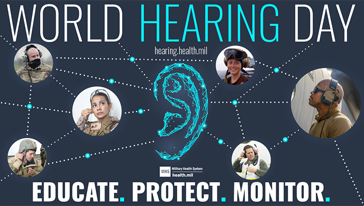Image of An infographic with the words "World Hearing Day" at the top, images of people using their hears to listen, and "educate, protect, monitor" at the bottom. Click to open a larger version of the image.