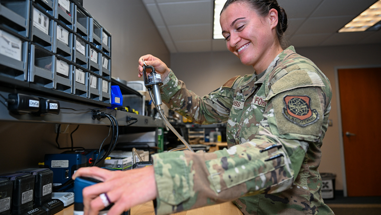 U.S. Air Force Staff Sgt. Paige Clauss, 19th Operational Medical Readiness Squadron noncommissioned officer in charge of bioenvironmental engineering, operates medical equipment 