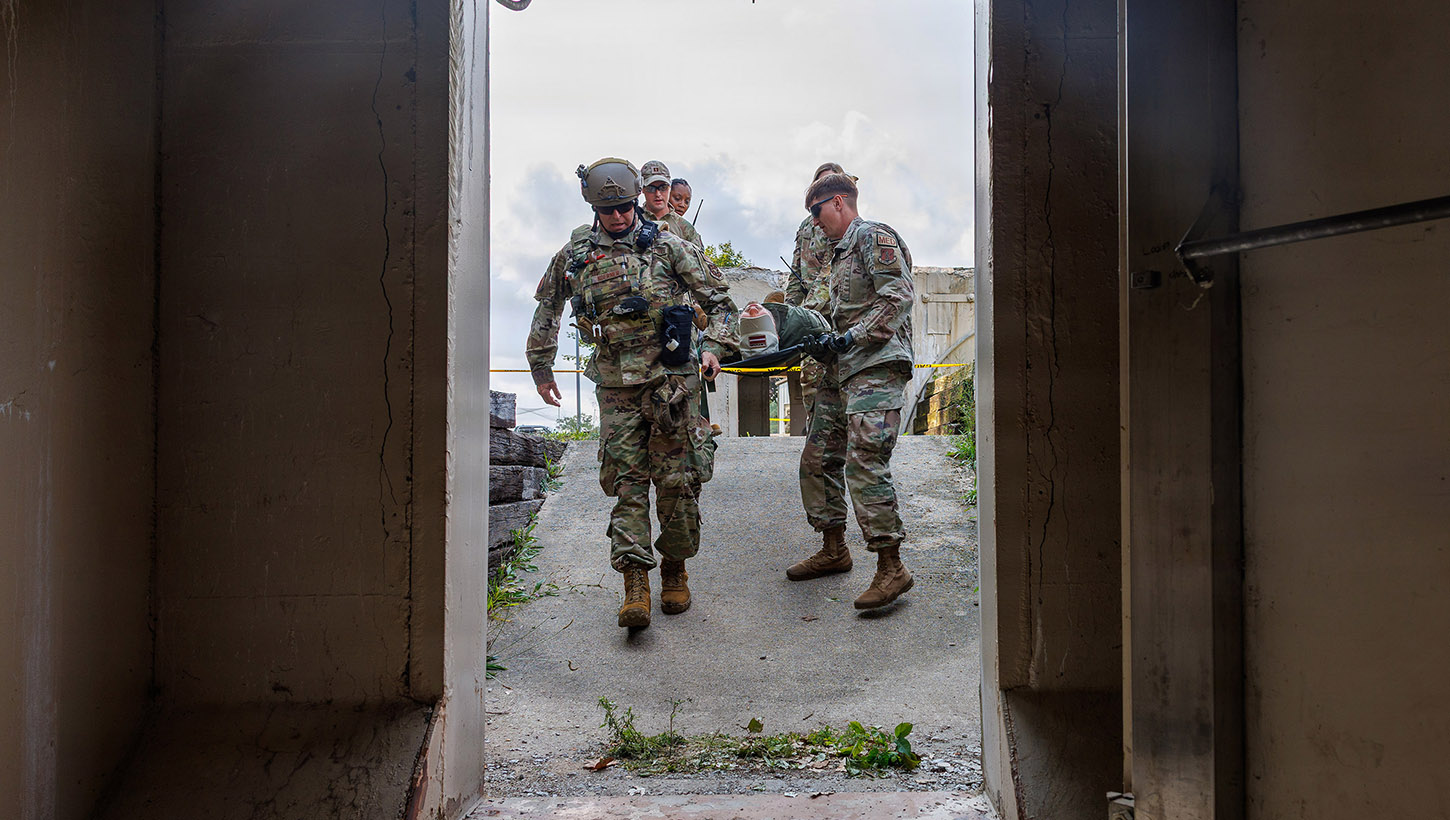 U.S. Air Force and Air National Guard medical personnel move patients