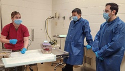 U.S. Army Sgt. Alexandra James, left, the noncommissioned officer in charge of the small animal branch at the Uniformed Services University of the Health Sciences, explains correct rodent handling techniques to a group of U.S. Army veterinary technicians during a biweekly training session