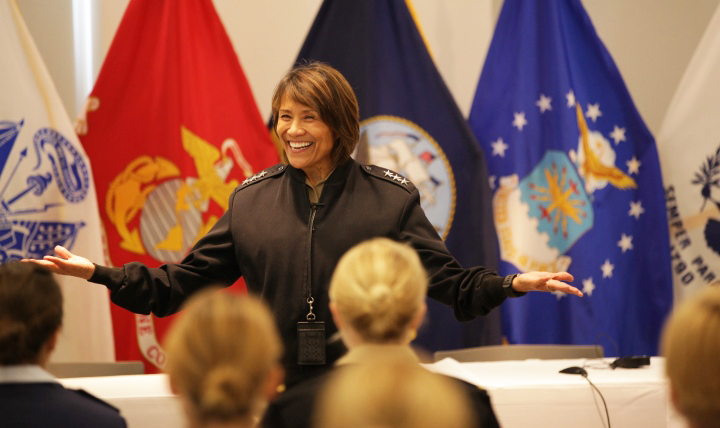 Vice Adm. Raquel Bono offered lessons she’s learned throughout her career during the Female Physician Leadership Conference at the Defense Health Agency in Falls Church, Virginia, April 11, 2016.