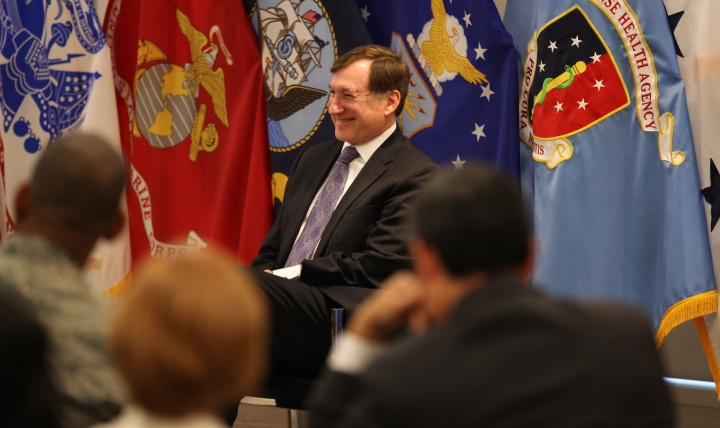 David Bowen, former director of the Defense Health Agency’s (DHA) Health IT Directorate, smiles during his retirement ceremony at the Defense Health Headquarters in Falls Church, Virginia, Jan. 8, 2016. Bowen concludes 10 years of federal service, serving with DHA since its inception.