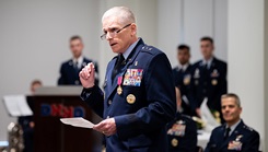 After relinquishing command, Maj. Gen. Sean T. Collins, AFMEDCOM’s first commander, addresses attendees during AFMEDCOM’s redesignation and change of command ceremony 