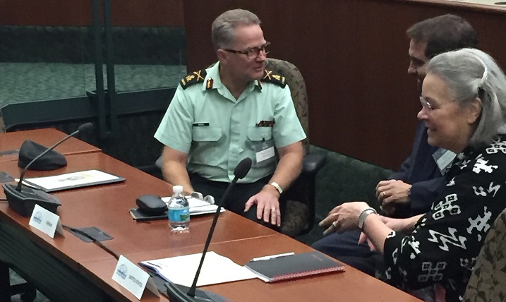 Brigadier-General Hugh Colin MacKay, OMM, CD, QHP, surgeon general of Canadian Forces, confers with Dr. Karen Guice, acting assistant secretary of Defense for Health Affairs at the 2016 Warrior Care in the 21st Century Symposium in Tampa, Florida. The 2017 Symposium will be held in Canada. (Courtesy photo)