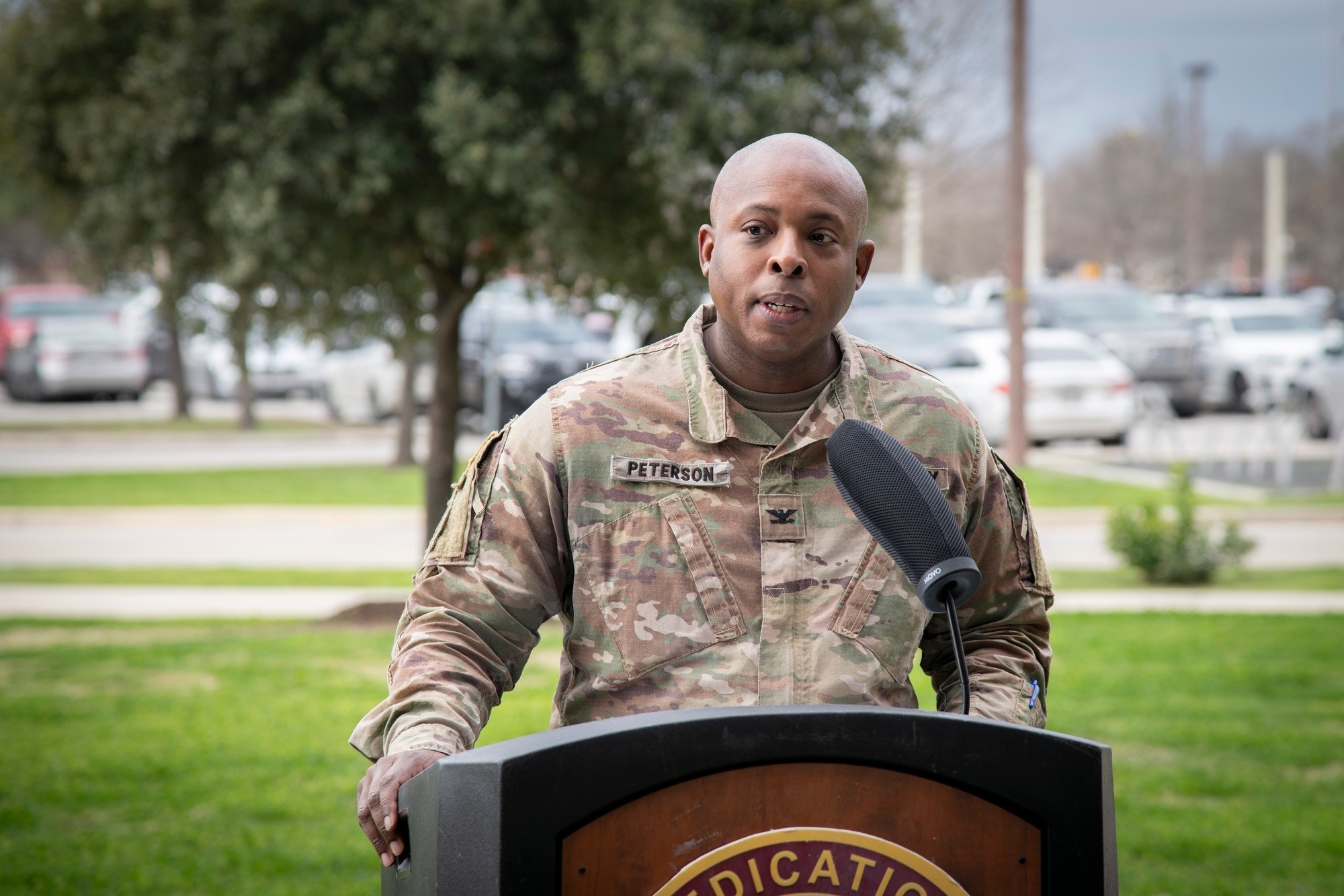 U.S. Army Col. Wylan Peterson, deputy commander for surgical services, addresses the crowd during a National Donor Day observance at Brooke Army Medical Center, Joint Base San Antonio-Fort Sam Houston, Texas, Feb. 14, 2024.  (Photo by Jason W. Edwards/Department of Defense)