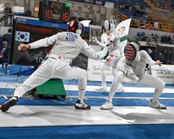 Contestants compete in the Senior World Cup Foil Fencing Championship