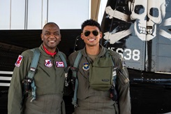 From the left, U.S. Air Force Brig. Gen. Alfred Flowers Jr, Defense Health Agency resources and personnel integration assistant director and Office of the Air Force Surgeon General chief of the medical service corps, and 1st Lt. Kendall Flowers, 434th Flying Training Squadron instructor pilot, pose for a photo after an incentive flight