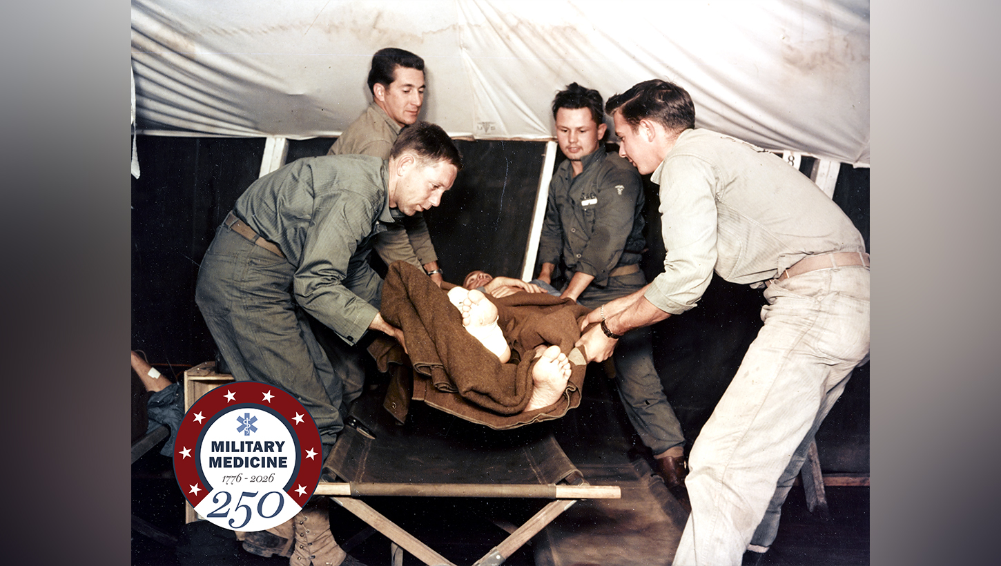 Image of A wounded Marine is transferred to a hospital ship.