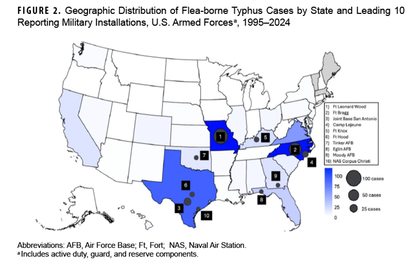 FIGURE 2. Geographic Distribution of Flea-borne Typhus Cases by State and Leading 10 Reporting Military Installations, U.S. Armed Forces, 1995–2024 This geographical map graph depicts the distribution of flea-borne typhus cases in different states and identifies the top 10 reporting U.S. military installations from 1995 through 2024. This map identifies regional hotspots and specific military bases with the highest burden of the disease. The data highlight that three states—Missouri, North Carolina, and Texas—contain the vast majority of cases, collectively representing approximately 49.6% (299 cases) of all military flea-borne typhus infections. The top 10 installations are led by Fort Leonard Wood in Missouri, followed by Fort Bragg in North Carolina, and Joint Base San Antonio in Texas. Other high-reporting bases include Camp Lejeune, Fort Knox, Fort Hood, Tinker Air Force Base, Eglin Air Force Base, Moody Air Force Base, and Naval Air Station Corpus Christi. This geographic concentration emphasizes that exposure risk is highly localized to specific training environments and regions, particularly where military personnel engage in intensive outdoor training.
