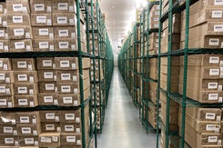 A view of one row of the DoW Serum Repository freezer facility.