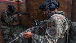 New York Air National Guard Master Sgt. Mark Rodriguez, an Airman with the 105th Airlift Wing's Medical Group, participates in combat training Oct. 5, 2024, at Stewart Air National Guard Base, Newburgh, New York. In alignment with the U.S. Air Force Medical Service's new combat medic initiative, MEDIC-X, the 105th MDG is now training to treat wounded and injured personnel in austere environments. (U.S. Air National Guard photo by Master Sgt. Patrick Espeut)