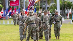 U.S. Army Lt. Gen. Mary K. Izaguirre, U.S. Army Surgeon General and Commanding General, U.S. Army Medical Command, passes the unit colors to incoming commander, U.S. Army Brig. Gen. Deydre Teyhen