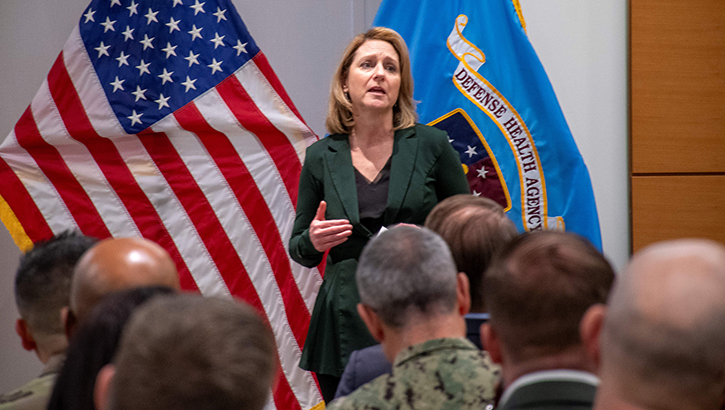 Image of Kathleen Hicks addresses personnel at Defense Health Headquarters.