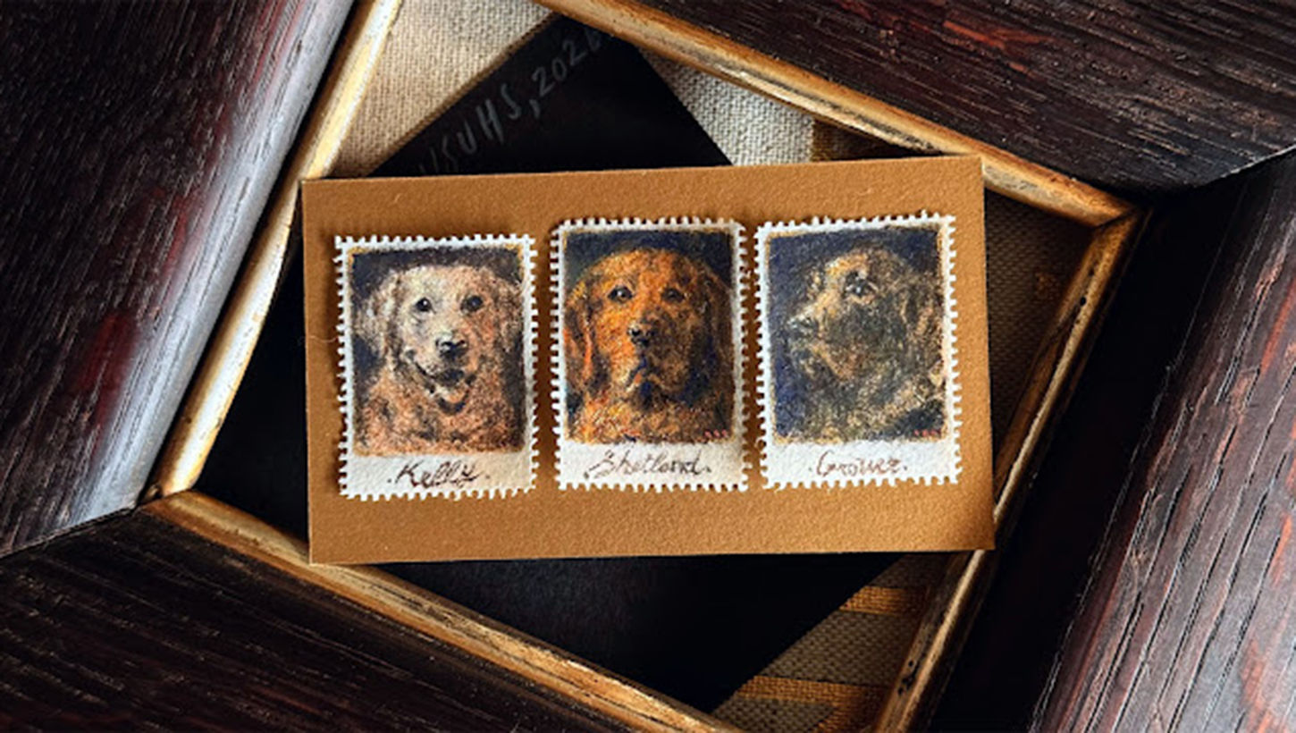 Miniature portraits of Uniformed Services University facility dogs Kelly, Shetland, and Grover, left to right, painted by Navy Hospital Corpsman 3rd Class Shokoufeh Shadabi for a future campus exhibition