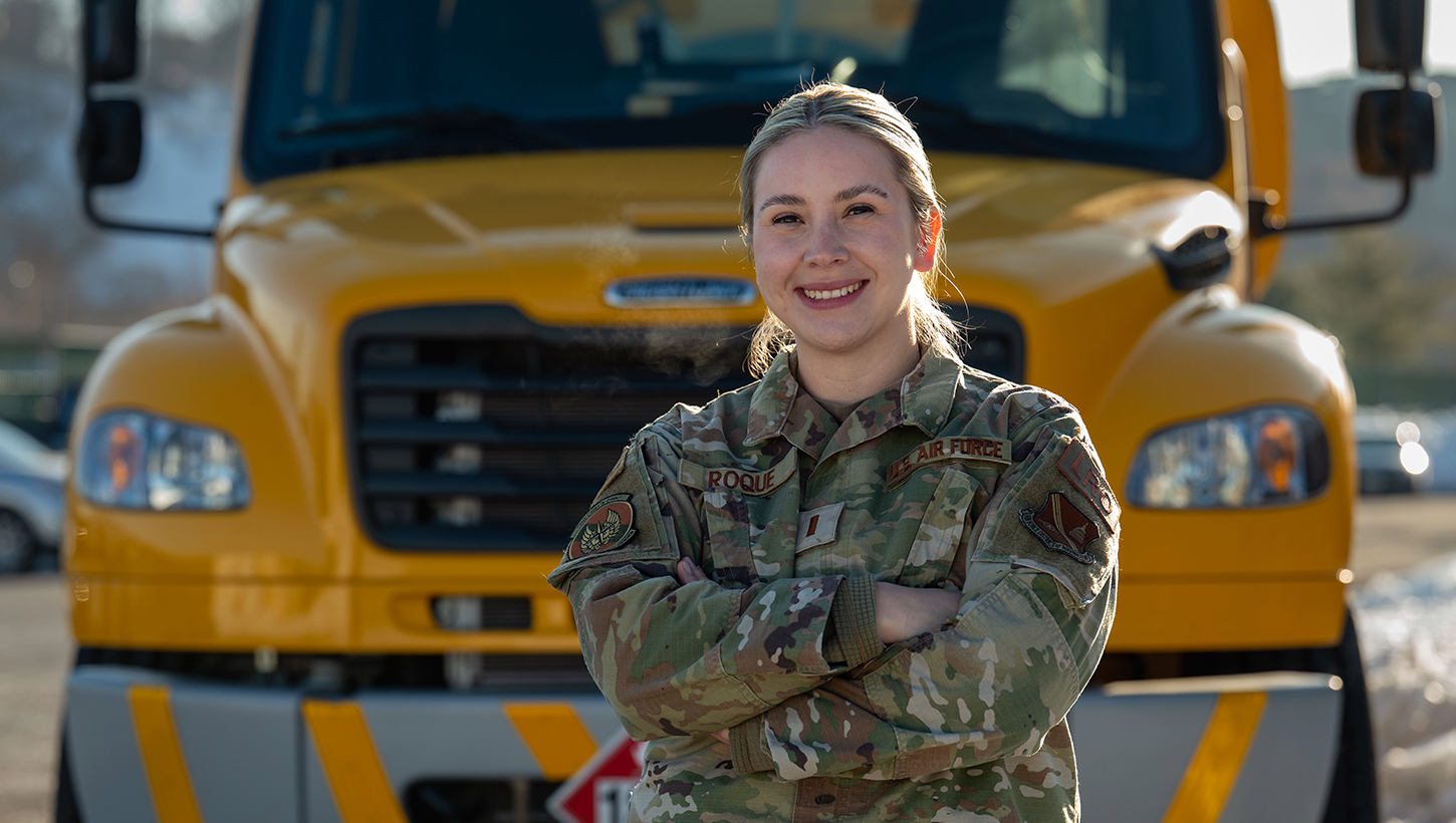 U.S. Air Force 2nd Lt. Alexandra R. Roque, vehicle maintenance flight commander of the 11th Logistics Readiness Squadron, poses for a photo in front of an aircraft refueler at Joint Base Anacostia-Bolling