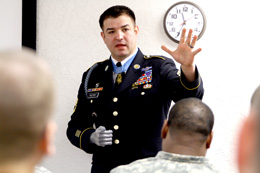 Medal of Honor recipient Army Sgt. 1st Class Leroy A. Petry talks to soldiers at Fort Sill, Okla, Jan. 12, 2012. Petry lost his right hand throwing a live grenade away from himself and two other Army Rangers during combat in Afghanistan's Paktia province, May 26, 2008. DoD photo by Marie Berberea, Fort Sill