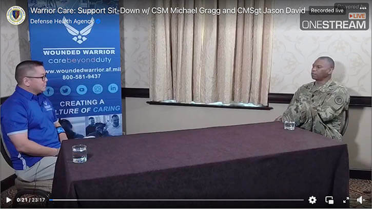 Air Force Chief Master Sgt. Jason David talks about his  journey of recovery through the Air Force Wounded Warrior Program during a video conversation with Defense Health Agency Command Sgt. Major Michael Gragg.