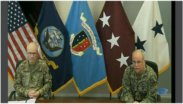 Lt. Gen. Ronald Place, director of the Defense Health Agency, and Rear Adm. Bruce Gillingham, surgeon general of the Navy, discuss plans for additional COVID-19 response efforts with the Pentagon Press Corps.  