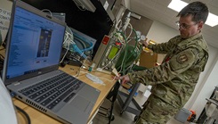 Tech. Sgt. Brandon Musgrave, 78th Medical Group Healthcare Operations Squadron Biomedical Equipment Technician healthcare technology manager, supplies oxygen to a ventilator during annual testing