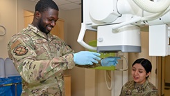 U.S. Air Force Airman 1st Class Terrence Fortune, 633d Surgical Operations Squadron diagnostic imaging technologist, prepares an X-ray imaging system at Joint Base Langley-Eustis, Virginia