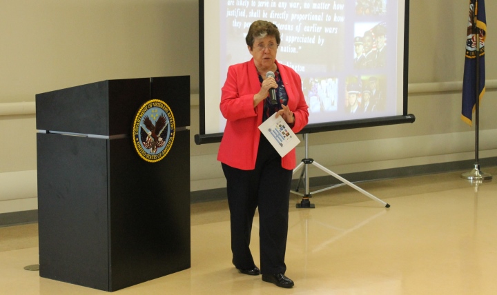 Dr. Linda Spoonster Schwartz, assistant secretary for policy and planning for the Department of Veterans Affairs, spoke at a panel discussion on international and interagency relationships on October 27, 2016, at James A. Haley Veterans' Hospital in Tampa, Florida. She told the panel's audience about VA's mission to continue providing long term and extended care for veterans, calling them "our footprints in communities." She touched on the importance of teamwork, saying that paving the way from Department of Defense to VA during transition is very important for veterans. (Courtesy photo)