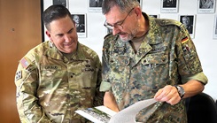U.S. Army Brigadier General Roger Giraud (left), commander of Medical Readiness Command, Europe and director of Defense Health Network Europe recently met with Major General (Dr.) Backus, (right) Commander of the newly established German Bundeswehr Health Care Command and Deputy Surgeon General for the Bundeswehr.