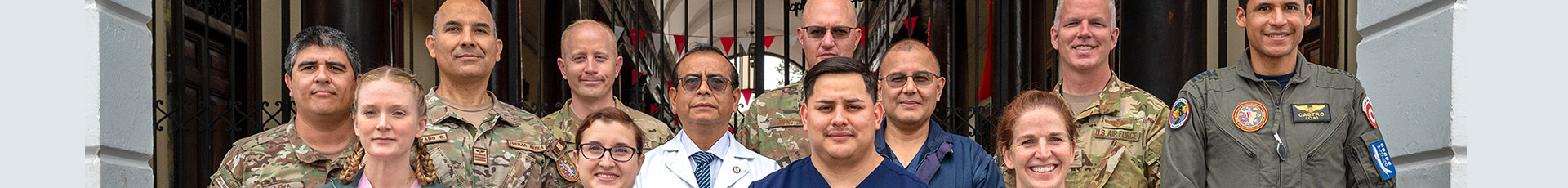 Members of the Resolute Sentinel leadership pose with U.S. and Peruvian doctors during a site visit of the Royal Hospital of San Andrés in Lima, Peru, July 11, 2023. Resolute Sentinel improves readiness of U.S. and partner nation military and interagency personnel through joint defense interoperability training, engineering projects and knowledge exchanges. (U.S. Air Force photo by Tech. Sgt. Nicholas Monteleone)