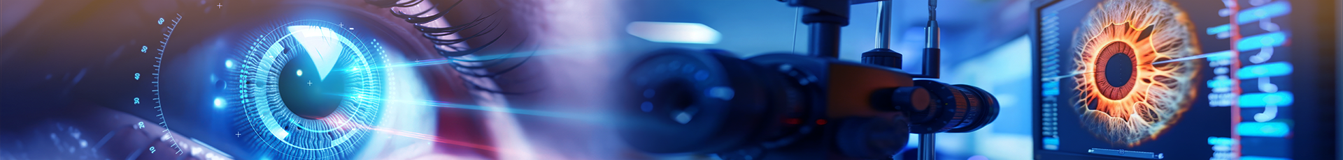 Close up of human eye with a blue iris overlaid with digital graphics, suggesting advanced vision technology 